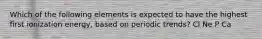 Which of the following elements is expected to have the highest first ionization energy, based on periodic trends? Cl Ne P Ca