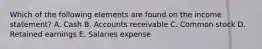 Which of the following elements are found on the income statement? A. Cash B. Accounts receivable C. Common stock D. Retained earnings E. Salaries expense