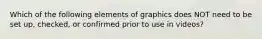 Which of the following elements of graphics does NOT need to be set up, checked, or confirmed prior to use in videos?