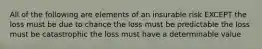 All of the following are elements of an insurable risk EXCEPT the loss must be due to chance the loss must be predictable the loss must be catastrophic the loss must have a determinable value
