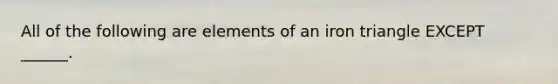 All of the following are elements of an iron triangle EXCEPT ______.