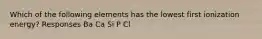 Which of the following elements has the lowest first ionization energy? Responses Ba Ca Si P Cl