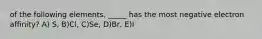 of the following elements, _____ has the most negative electron affinity? A) S, B)Cl, C)Se, D)Br, E)I