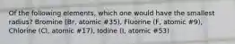 Of the following elements, which one would have the smallest radius? Bromine (Br, atomic #35), Fluorine (F, atomic #9), Chlorine (Cl, atomic #17), Iodine (I, atomic #53)