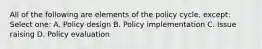 All of the following are elements of the policy cycle, except: Select one: A. Policy design B. Policy implementation C. Issue raising D. Policy evaluation