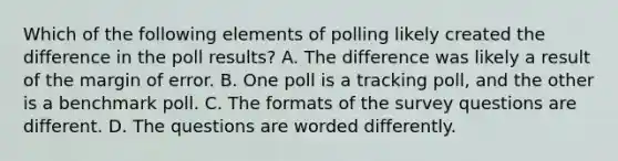 Which of the following elements of polling likely created the difference in the poll results? A. The difference was likely a result of the margin of error. B. One poll is a tracking poll, and the other is a benchmark poll. C. The formats of the survey questions are different. D. The questions are worded differently.