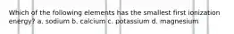 Which of the following elements has the smallest first ionization energy? a. sodium b. calcium c. potassium d. magnesium