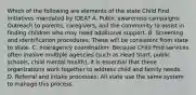 Which of the following are elements of the state Child Find initiatives mandated by IDEA? A. Public awareness campaigns: Outreach to parents, caregivers, and the community to assist in finding children who may need additional support. B. Screening and identification procedures: These will be consistent from state to state. C. Interagency coordination: Because Child Find services often involve multiple agencies (such as Head Start, public schools, child mental health), it is essential that these organizations work together to address child and family needs. D. Referral and intake processes: All state use the same system to manage this process.