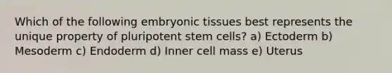 Which of the following embryonic tissues best represents the unique property of pluripotent stem cells? a) Ectoderm b) Mesoderm c) Endoderm d) Inner cell mass e) Uterus