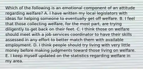 Which of the following is an emotional component of an attitude regarding welfare? A. I have written my local legislators with ideas for helping someone to eventually get off welfare. B. I feel that those collecting welfare, for the most part, are trying diligently to get back on their feet. C. I think those on welfare should meet with a job services coordinator to have their skills assessed in any effort to better match them with available employment. D. I think people should try living with very little money before making judgments toward those living on welfare. E. I keep myself updated on the statistics regarding welfare in my area.