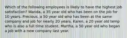 Which of the following employees is likely to have the highest job satisfaction? Wanda, a 35 year old who has been on the job for 10 years. Precious, a 50 year old who has been at the same company and job for nearly 20 years. Karen, a 20 year old temp who is also a full time student. Martha, a 50 year old who began a job with a new company last year.