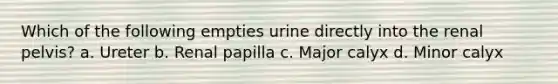 Which of the following empties urine directly into the renal pelvis? a. Ureter b. Renal papilla c. Major calyx d. Minor calyx