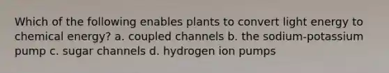 Which of the following enables plants to convert light energy to chemical energy? a. coupled channels b. the sodium-potassium pump c. sugar channels d. hydrogen ion pumps