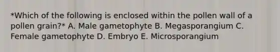 *Which of the following is enclosed within the pollen wall of a pollen grain?* A. Male gametophyte B. Megasporangium C. Female gametophyte D. Embryo E. Microsporangium