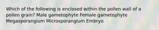 Which of the following is enclosed within the pollen wall of a pollen grain? Male gametophyte Female gametophyte Megasporangium Microsporangium Embryo