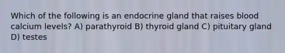 Which of the following is an endocrine gland that raises blood calcium levels? A) parathyroid B) thyroid gland C) pituitary gland D) testes