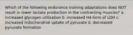 Which of the following endurance training adaptations does NOT result in lower lactate production in the contracting muscles? a. increased glycogen utilization b. increased H4 form of LDH c. increased mitochondrial uptake of pyruvate d. decreased pyruvate formation