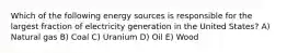 Which of the following energy sources is responsible for the largest fraction of electricity generation in the United States? A) Natural gas B) Coal C) Uranium D) Oil E) Wood