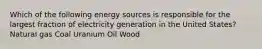 Which of the following energy sources is responsible for the largest fraction of electricity generation in the United States? Natural gas Coal Uranium Oil Wood