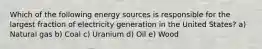 Which of the following energy sources is responsible for the largest fraction of electricity generation in the United States? a) Natural gas b) Coal c) Uranium d) Oil e) Wood