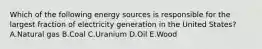 Which of the following energy sources is responsible for the largest fraction of electricity generation in the United States? A.Natural gas B.Coal C.Uranium D.Oil E.Wood