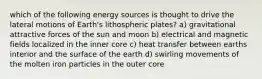 which of the following energy sources is thought to drive the lateral motions of Earth's lithospheric plates? a) gravitational attractive forces of the sun and moon b) electrical and magnetic fields localized in the inner core c) heat transfer between earths interior and the surface of the earth d) swirling movements of the molten iron particles in the outer core