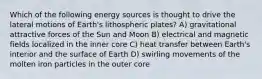 Which of the following energy sources is thought to drive the lateral motions of Earth's lithospheric plates? A) gravitational attractive forces of the Sun and Moon B) electrical and magnetic fields localized in the inner core C) heat transfer between Earth's interior and the surface of Earth D) swirling movements of the molten iron particles in the outer core