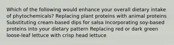 Which of the following would enhance your overall dietary intake of phytochemicals? Replacing plant proteins with animal proteins Substituting cream-based dips for salsa Incorporating soy-based proteins into your dietary pattern Replacing red or dark green loose-leaf lettuce with crisp head lettuce