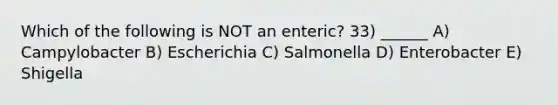 Which of the following is NOT an enteric? 33) ______ A) Campylobacter B) Escherichia C) Salmonella D) Enterobacter E) Shigella