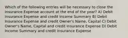 Which of the following entries will be necessary to close the Insurance Expense account at the end of the year? A) Debit Insurance Expense and credit Income Summary B) Debit Insurance Expense and credit Owner's Name, Capital C) Debit Owner's Name, Capital and credit Insurance Expense D) Debit Income Summary and credit Insurance Expense