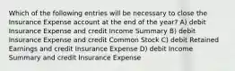 Which of the following entries will be necessary to close the Insurance Expense account at the end of the year? A) debit Insurance Expense and credit Income Summary B) debit Insurance Expense and credit Common Stock C) debit Retained Earnings and credit Insurance Expense D) debit Income Summary and credit Insurance Expense