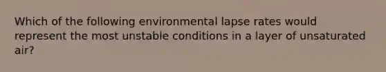 Which of the following environmental lapse rates would represent the most unstable conditions in a layer of unsaturated air?