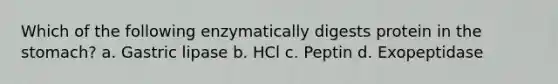 Which of the following enzymatically digests protein in the stomach? a. Gastric lipase b. HCl c. Peptin d. Exopeptidase