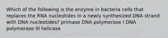 Which of the following is the enzyme in bacteria cells that replaces the RNA nucleotides in a newly synthesized DNA strand with DNA nucleotides? primase DNA polymerase I DNA polymerase III helicase