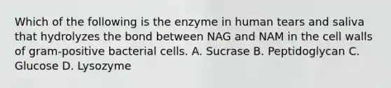 Which of the following is the enzyme in human tears and saliva that hydrolyzes the bond between NAG and NAM in the cell walls of gram-positive bacterial cells. A. Sucrase B. Peptidoglycan C. Glucose D. Lysozyme