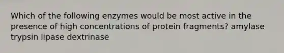 Which of the following enzymes would be most active in the presence of high concentrations of protein fragments? amylase trypsin lipase dextrinase