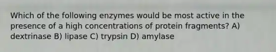 Which of the following enzymes would be most active in the presence of a high concentrations of protein fragments? A) dextrinase B) lipase C) trypsin D) amylase