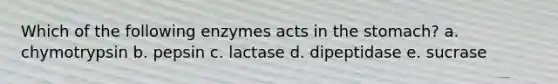 Which of the following enzymes acts in <a href='https://www.questionai.com/knowledge/kLccSGjkt8-the-stomach' class='anchor-knowledge'>the stomach</a>? a. chymotrypsin b. pepsin c. lactase d. dipeptidase e. sucrase