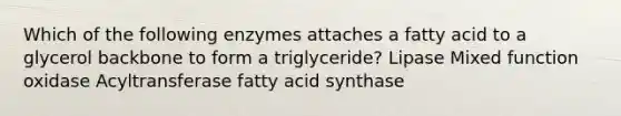 Which of the following enzymes attaches a fatty acid to a glycerol backbone to form a triglyceride? Lipase Mixed function oxidase Acyltransferase fatty acid synthase