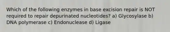 Which of the following enzymes in base excision repair is NOT required to repair depurinated nucleotides? a) Glycosylase b) DNA polymerase c) Endonuclease d) Ligase