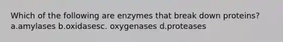 Which of the following are enzymes that break down proteins? a.amylases b.oxidasesc. oxygenases d.proteases