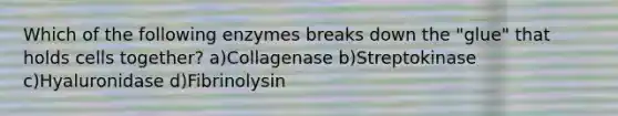 Which of the following enzymes breaks down the "glue" that holds cells together? a)Collagenase b)Streptokinase c)Hyaluronidase d)Fibrinolysin