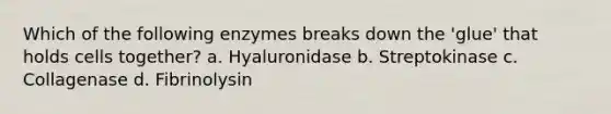 Which of the following enzymes breaks down the 'glue' that holds cells together? a. Hyaluronidase b. Streptokinase c. Collagenase d. Fibrinolysin