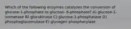 Which of the following enzymes catalyzes the conversion of glucose-1-phosphate to glucose- 6-phosphate? A) glucose-1-isomerase B) glucokinase C) glucose-1-phosphatase D) phosphoglucomutase E) glycogen phosphorylase