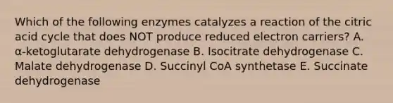 Which of the following enzymes catalyzes a reaction of the citric acid cycle that does NOT produce reduced electron carriers? A. α-ketoglutarate dehydrogenase B. Isocitrate dehydrogenase C. Malate dehydrogenase D. Succinyl CoA synthetase E. Succinate dehydrogenase