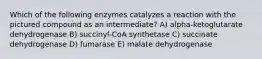 Which of the following enzymes catalyzes a reaction with the pictured compound as an intermediate? A) alpha-ketoglutarate dehydrogenase B) succinyl-CoA synthetase C) succinate dehydrogenase D) fumarase E) malate dehydrogenase