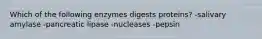 Which of the following enzymes digests proteins? -salivary amylase -pancreatic lipase -nucleases -pepsin