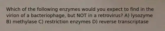 Which of the following enzymes would you expect to find in the virion of a bacteriophage, but NOT in a retrovirus? A) lysozyme B) methylase C) restriction enzymes D) reverse transcriptase