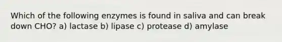 Which of the following enzymes is found in saliva and can break down CHO? a) lactase b) lipase c) protease d) amylase