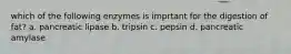 which of the following enzymes is imprtant for the digestion of fat? a. pancreatic lipase b. tripsin c. pepsin d. pancreatic amylase